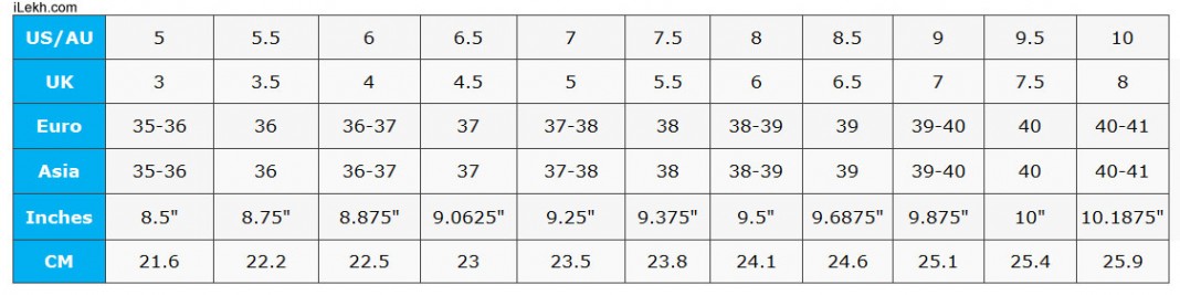 International Shoes chart Conversion