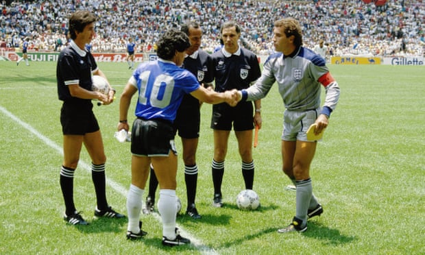 Referee Ali Nasser instructs Diego Maradona and Peter Shilton not to do anything that will be talked about for the next 34 years. Photograph: David Cannon/Getty Images